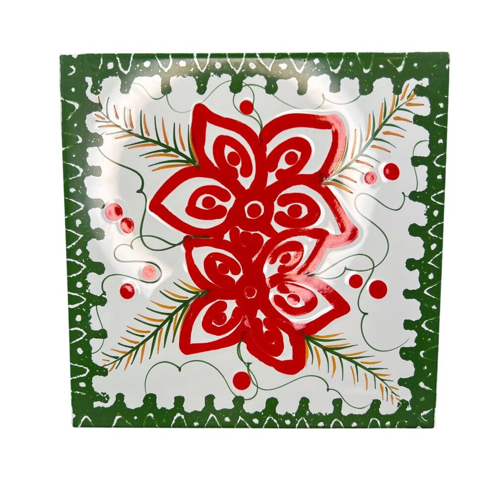 Vintage Terracotta Tile Trivet Hand-Painted Italian Floral Red Green 8” Square